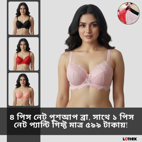 4 Pcs Indian Net Push Up Bra Combo with 1 FREE Exclusive Net Panty Offer